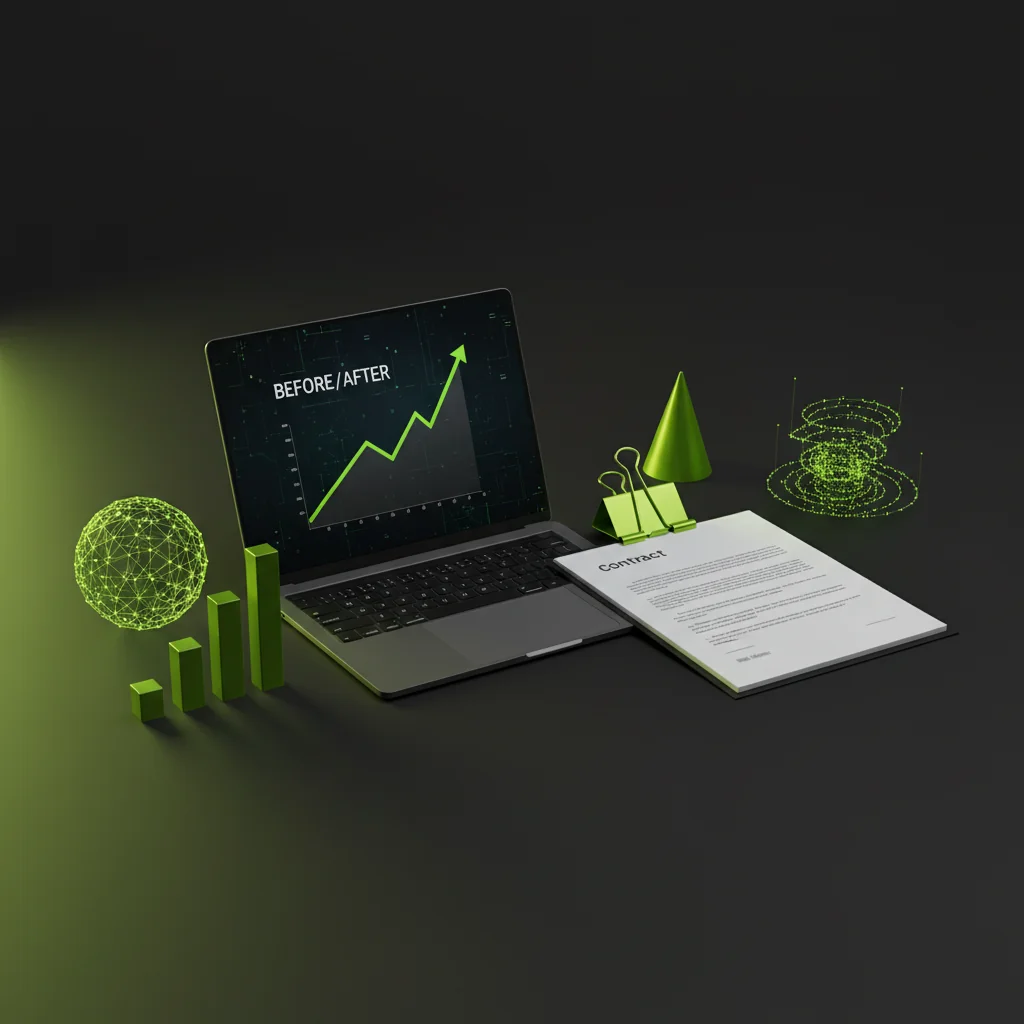 ContractRank illustration: B2B SEO case study results with growth chart and contract document in electric lime and dark editorial style