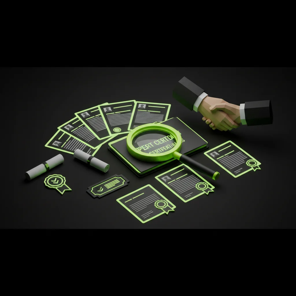 ContractRank illustration: B2B SEO expert credentials portfolio with magnifying glass and handshake in electric lime and dark editorial style