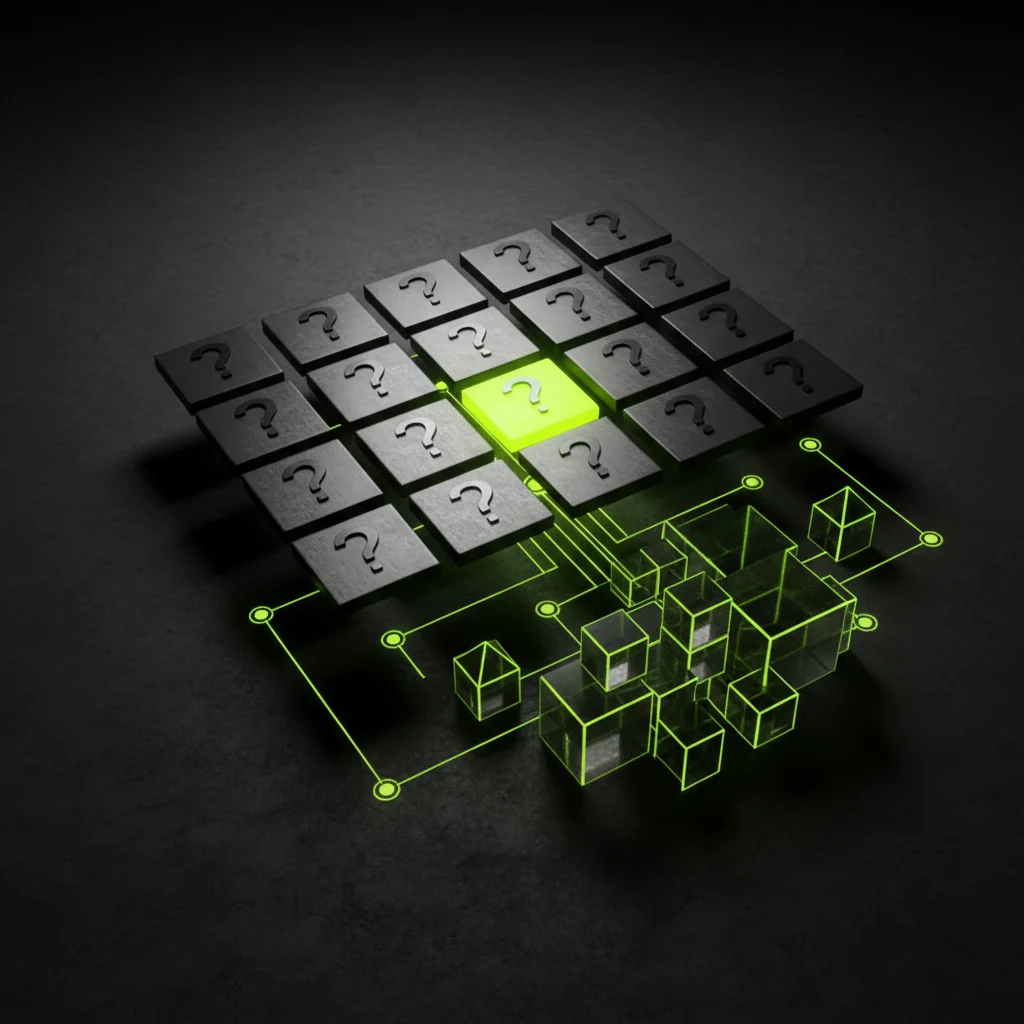 ContractRank illustration: FAQ rich results schema architecture cards and structured data nodes in electric lime and dark editorial style
