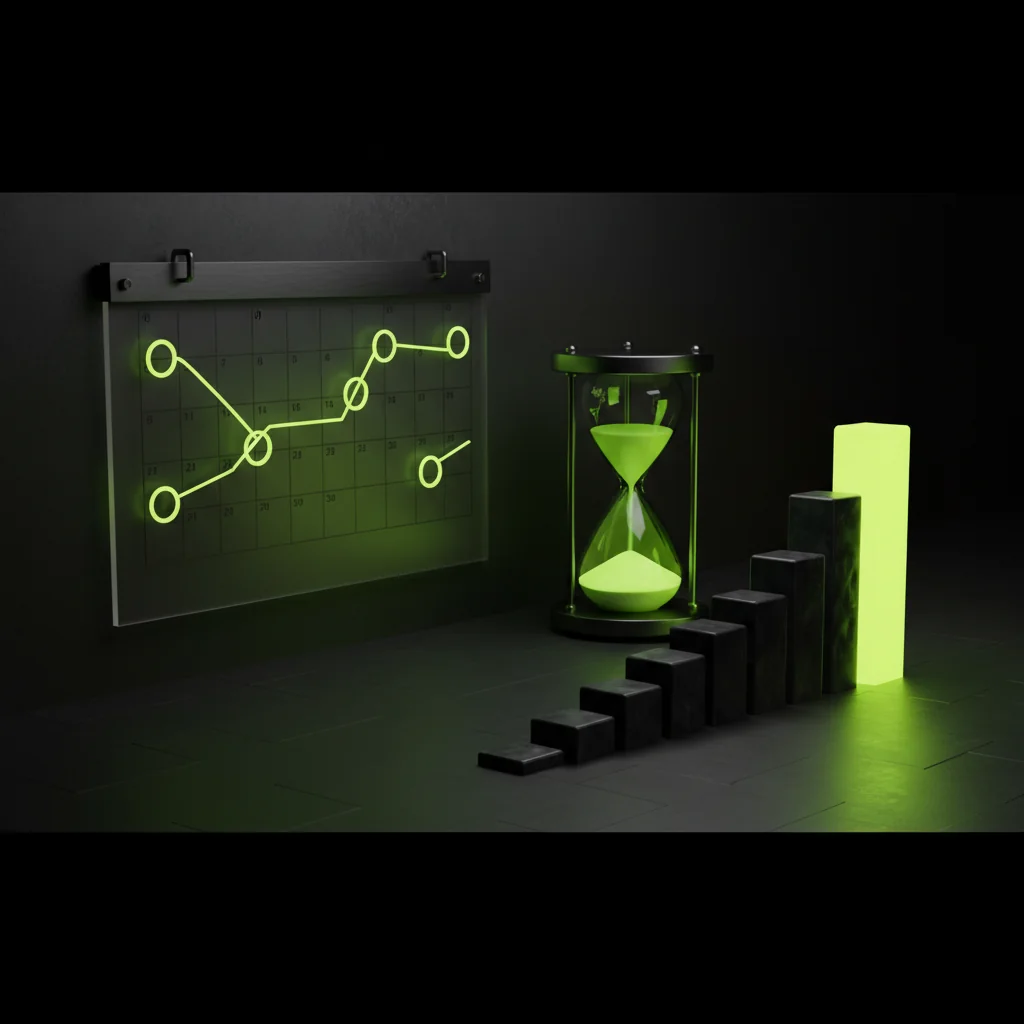 ContractRank illustration: B2B SEO timeline with calendar, hourglass and growth chart in electric lime and dark editorial style