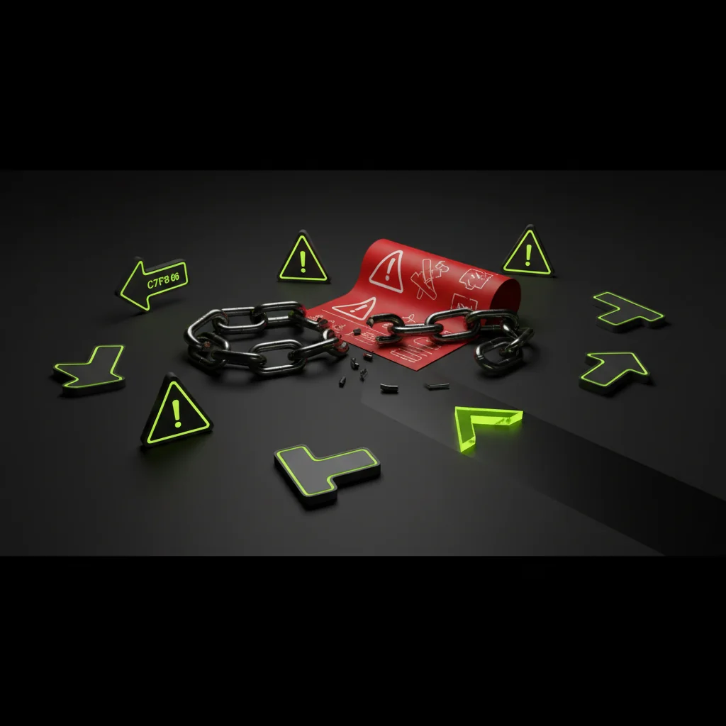 ContractRank illustration: broken chain link and warning signs representing B2B SEO failure patterns in electric lime and dark editorial style